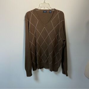 Izod Men’s Sweater Pullover V Neck Brown Diamond Pattern XL